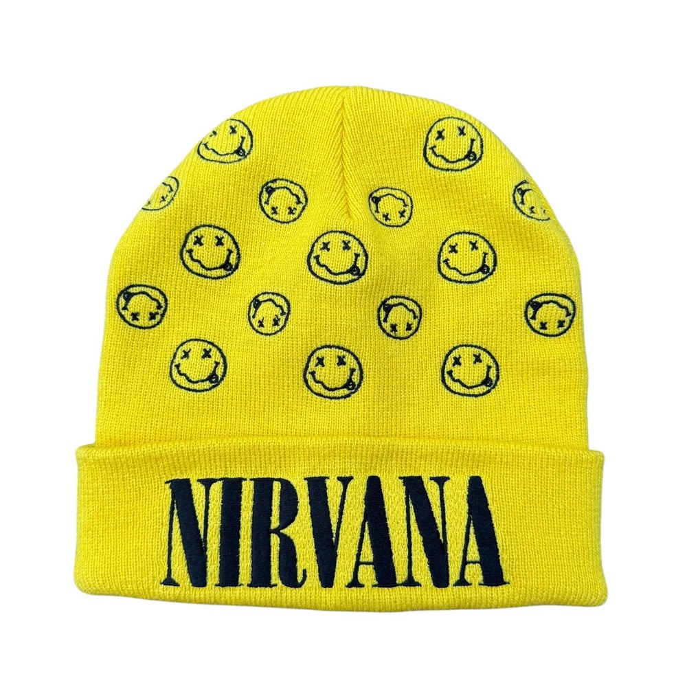 Nirvana Smiley Face Beanie Hat Yellow Acrylic‎ Knit Music Merch
